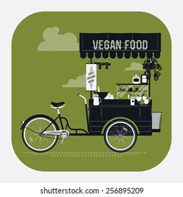Creative vector detailed web icon on vegan food with retro looking vending bicycle cart with awning, refreshments, bowls, bottles, wooden crate on rear rack and more | Mobile cafe illustration