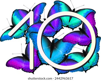 Creative Vector of digit 10, 10th bold font in the center of a white background, surrounded by colorful butterflies in various sizes and species.