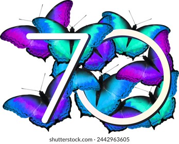 Creative Vector of digit 70, 70th bold font in the center of a white background, surrounded by colorful butterflies in various sizes and species.