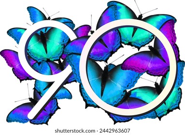 Creative Vector of digit 90, 90th bold font in the center of a white background, surrounded by colorful butterflies in various sizes and species.