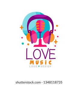 Creative vector emblem with headphones and retro microphone. Logo for music radio station, record studio or mobile app