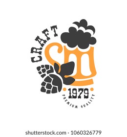 Creative vector emblem with hop and mug of craft beer with foam. Alcoholic drink theme. Logo design for brewing company. Black and orange sticker