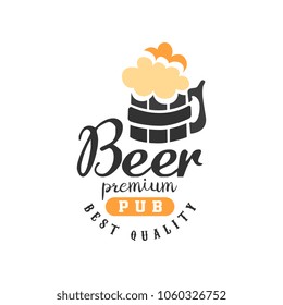 Creative vector emblem with mug of beer with foam and lettering. Alcoholic beverage theme. Typographic logo design for pub, bar or tavern