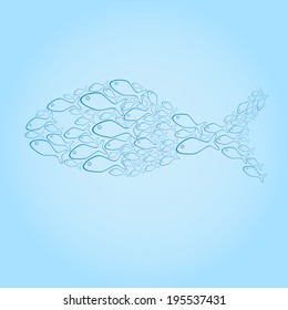 Creative vector fish design sign made of many blue fish