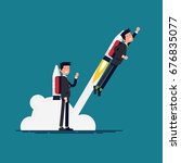 Creative vector flat character design on businessman using jet pack and lifts off the ground. Career boost concept illustration. Office worker flies off with rocket on his back