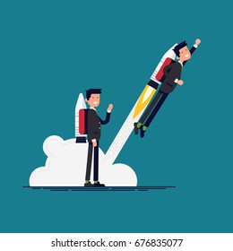 Creative vector flat character design on businessman using jet pack and lifts off the ground. Career boost concept illustration. Office worker flies off with rocket on his back