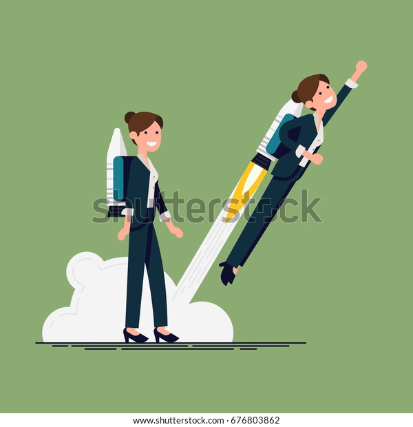 Creative vector flat character design on\
businesswoman using jet pack and lifts off the ground. Career boost\
concept illustration
