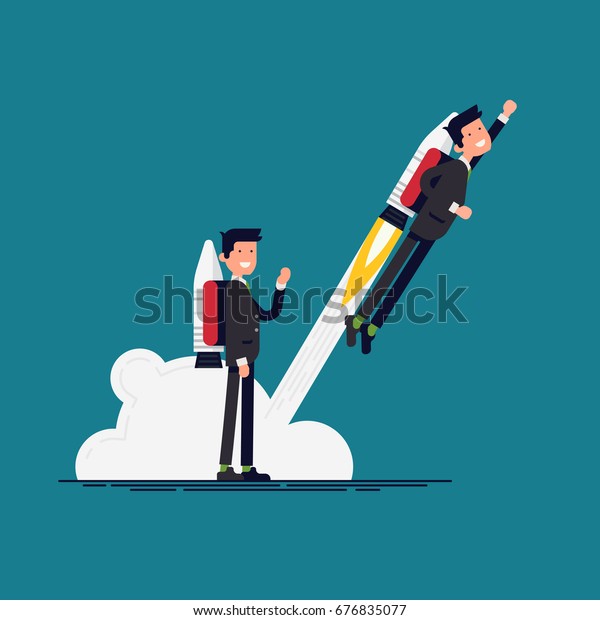 Creative vector\
flat character design on businessman using jet pack and lifts off\
the ground. Career boost concept illustration. Office worker flies\
off with rocket on his\
back