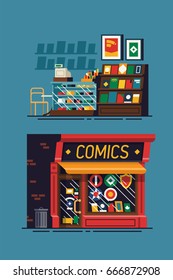 Creative vector flat comic book store illustration. Cool minimalistic comics store interior and exterior with abstract comic books, magazines and merchandise showcased
