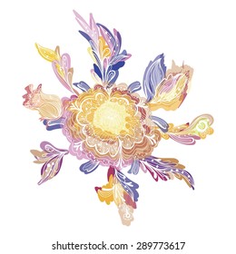 Creative Vector Floral Vignette | Colorful ornamental romantic sketch flower with leaves and buds for card, invitation, wedding design