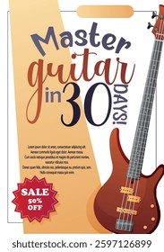 Creative vector flyer featuring a bass guitar, the text Master Guitar in 30 Days, and a fifty percent discount sticker. Ideal for music schools and courses  
