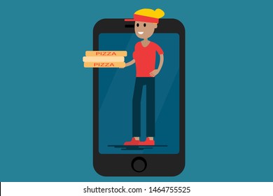 Creative vector of girl with pizza in smartphone for delivery app design on blue background