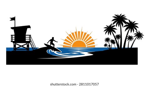 A creative vector graphic featuring a silhouette of a person surfing on an ocean wave next to a lifeguard stand and palm trees against a vibrant sunset background