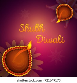 Creative vector greeting card designs with realistic diya, shiny background or rangoli for Indian Festival of Lights, Happy Diwali (Shubh Deepawali) celebration.