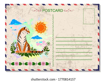 Creative vector greeting card with texture. Post card travel art design. Tiger decorated with Asian ornament