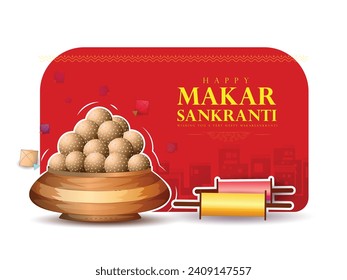 creative vector greeting illustration of Happy Makar Sankranti background with colorful kites,sweets and hand lettring