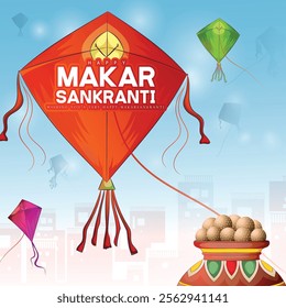 creative vector greeting illustration of Happy Makar Sankranti background with colorful kites,sweets and hand lettring. 
