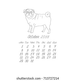 Creative vector hand drawn doodle monthly english calendar template for year 2018 with illustration of different dogs pedigrees. Lettering, typeface. October, pug. Editable.