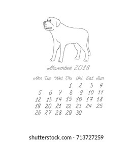 Creative vector hand drawn doodle monthly english calendar template for year 2018 with illustration of different dogs pedigrees. Lettering, typeface. November, St Bernard dog. Editable.