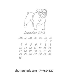Creative vector hand drawn doodle monthly german calendar template for year 2018 with illustration of different dogs pedigrees. Lettering, typeface. December, bulldog. Editable.
