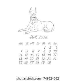 Creative vector hand drawn doodle monthly german calendar template for year 2018 with illustration of different dogs pedigrees. Lettering, typeface. June, great dane. Editable.