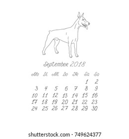Creative vector hand drawn doodle monthly german calendar template for year 2018 with illustration of different dogs pedigrees. Lettering, typeface. September, doberman. Editable.