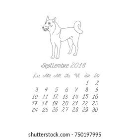 Creative vector hand drawn doodle monthly spanish calendar template for year 2018 with illustration of different dogs pedigrees. Lettering, typeface. September, siberian husky. Editable.