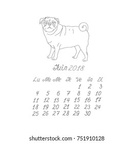 Creative vector hand drawn doodle monthly french calendar template for year 2018 with illustration of different dogs pedigrees. Lettering, typeface. June, pug. Editable.