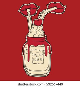 Creative vector hand drawn food illustration. Artwork with bank of hot drink and pair of lips with straws. Template for postcard, banner, label, poster, print for t-shirt.