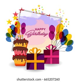 creative vector of Happy Birthday banner with gift, cake, balloon, klaxon, cap. Vector background for posters, postcards, invitation card, web pages, covers, flyers. Template for text. Greeting card.