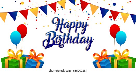 creative vector of Happy Birthday banner with gift, cake, balloon, klaxon, cap. Vector background for posters, postcards, invitation card, web pages, covers, flyers. Template for text. Greeting card.