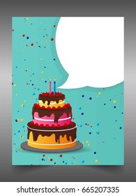 creative vector of Happy Birthday banner with gift, cake, balloon, klaxon, cap. Vector background for posters, postcards, invitation card, web pages, covers, flyers. Template for text. Greeting card.