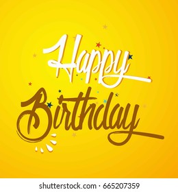 creative vector of Happy Birthday banner with gift, cake, balloon, klaxon, cap. Vector background for posters, postcards, invitation card, web pages, covers, flyers. Template for text. Greeting card.