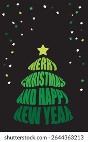 Creative vector holiday card with green lettering forming a Christmas tree, decorated with stars, perfect for festive greetings