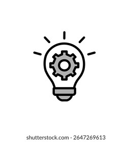 Creative vector icon of a glowing lightbulb with a gear inside, symbolizing innovation, brainstorming, and technical ideas. Styled in a soft purple line design, perfect for tech, education, or busines