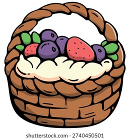 Creative vector icon of a pastry basket filled with plant based cream, strawberries and blueberries. Hand drawn doodle style for Easter holiday menus, vegan bakery branding, and festive cafe greeting cards.