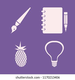 creative vector icons set. with bulb, notebook pencil, fresh pineapple and brush in set