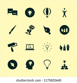 creative vector icons set. with bulb head, brush, happy man bulb and bulb in set