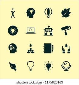 creative vector icons set. with happy man bulb, brush, hands drop and notebook pencil in set