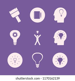 creative vector icons set. with notebook pencil, happy man bulb, bulb head and paint brush in set