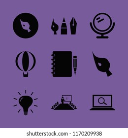 creative vector icons set. with notebook pencil, find concept, mirror and balloon in set