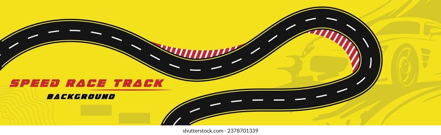 Creative vector illusion of race track isolated on yellow background. Speed race track background design with sport car.