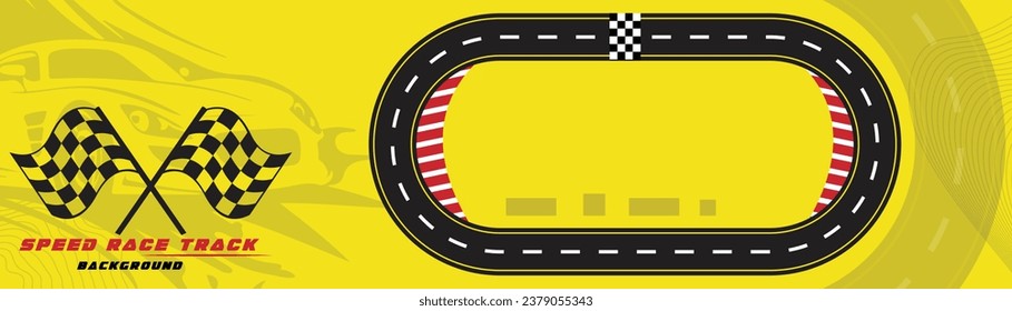 Creative vector illusion of race track isolated on yellow background. Speed race track background design with sport car.