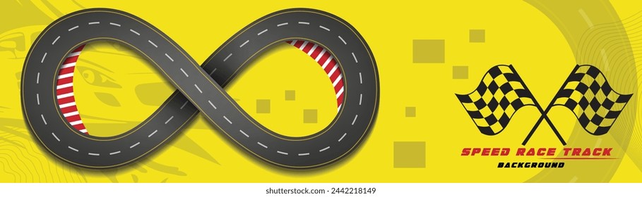 Creative vector illusion of race track isolated on yellow background. Speed race track background design with sport car.