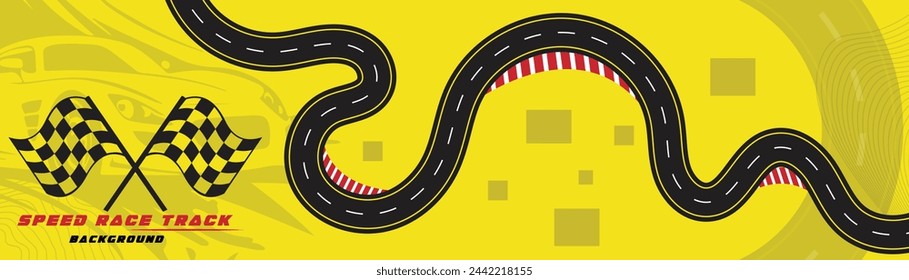 Ilusión de vector creativo de pista de carreras aislado sobre fondo amarillo. Diseño de fondo de pista de carreras de velocidad con coche deportivo.