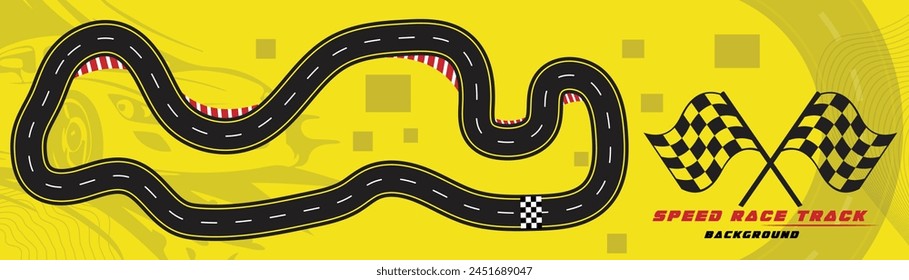 Creative vector illusion of race track isolated on yellow background. Speed race track background design with sport car.