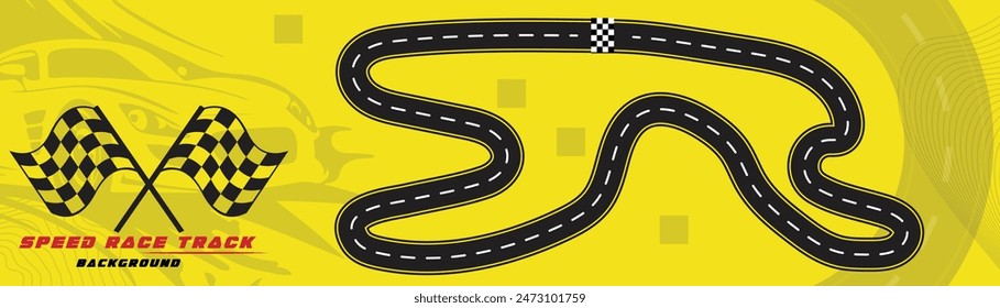 Ilusión creativa del Vector de la pista de la raza aislada sobre fondo amarillo. Diseño de fondo de pista de carreras de velocidad con coche deportivo.