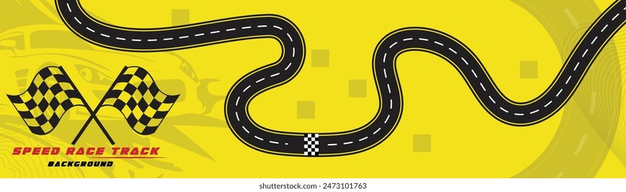 Ilusión creativa del Vector de la pista de la raza aislada sobre fondo amarillo. Diseño de fondo de pista de carreras de velocidad con coche deportivo.