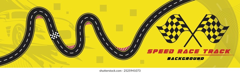 Ilusión creativa del Vector de la pista de la raza aislada en el fondo amarillo. Diseño de fondo de pista de carrera de velocidad con coche deportivo.