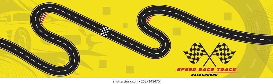 Creative vector illusion of race track isolated on yellow background. Speed race track background design with sport car.